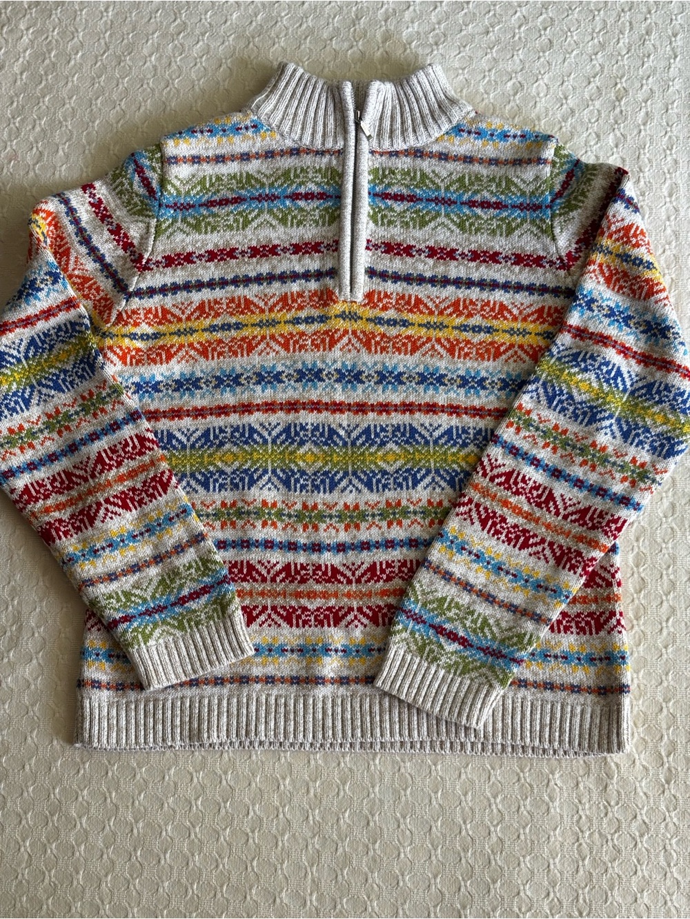 Multi-Color Fair Isle Half-Zip Kids Sweater - Cream Base 10/12 Norway style